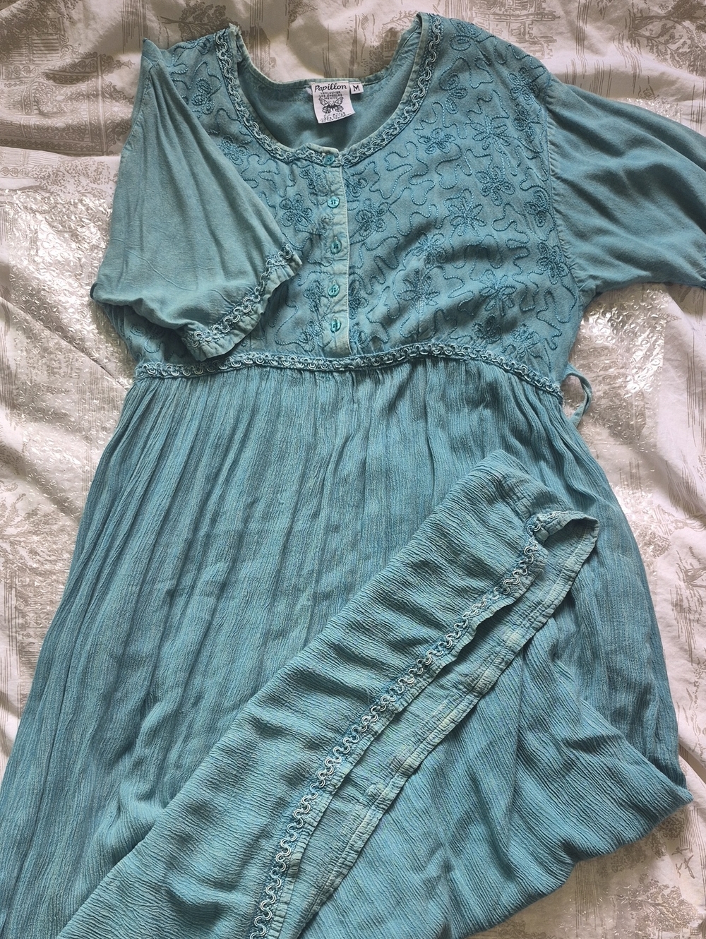 90s Vintage Papillon Cottagecore Dress Teal Blue Embroidered Empire Waist - Picture 1 of 5